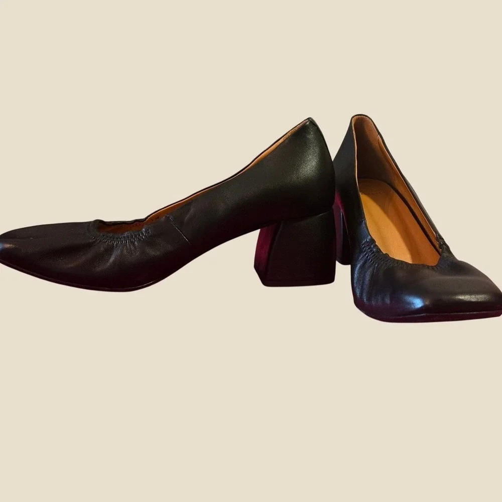 Sézane LesSouliers Black Leather Block Heel Pumps Square Toe Portugal EU 38 US 7 - Picture 2 of 9